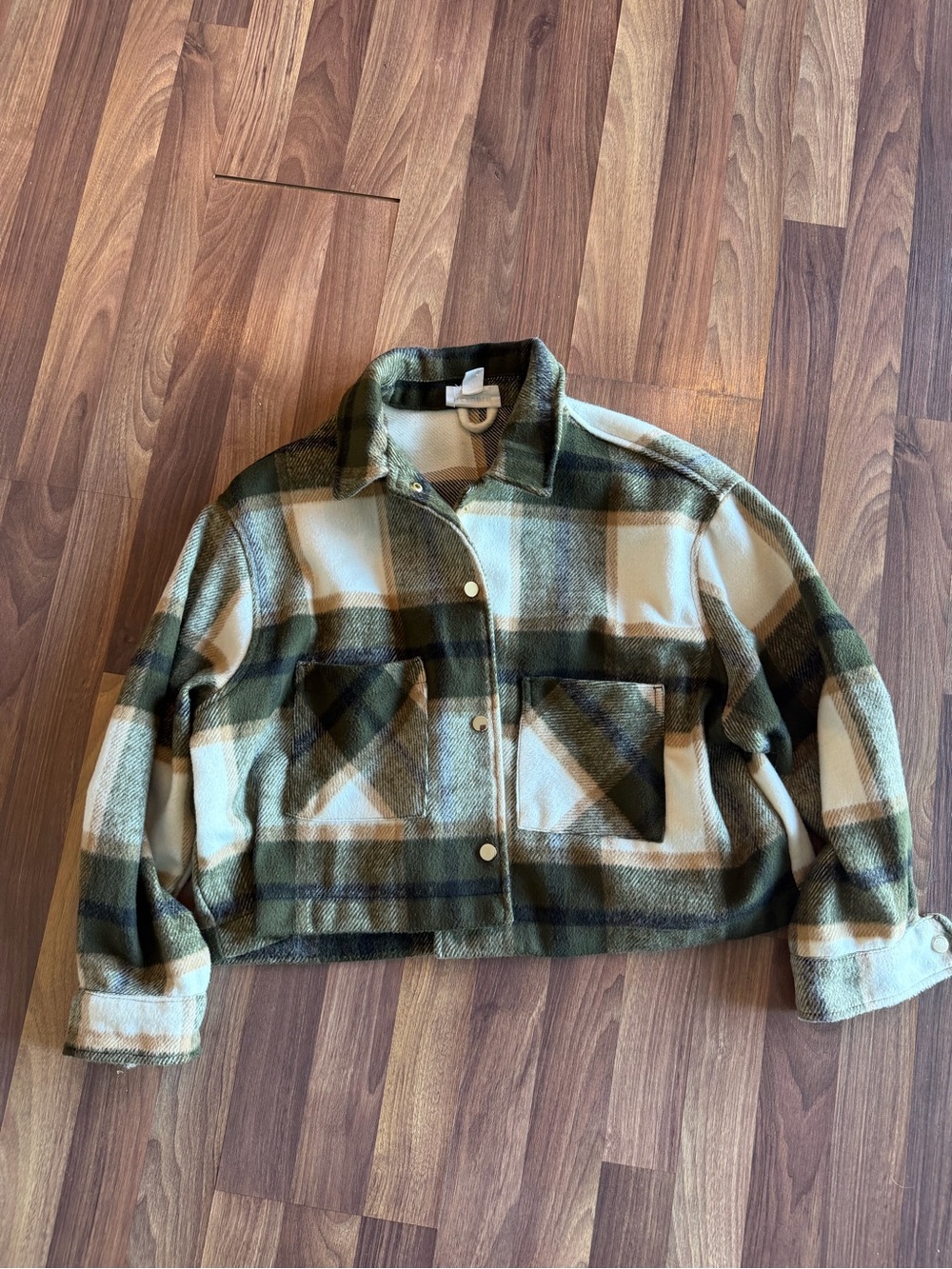 Cropped Plaid Snap-Front Jacket in Olive & Cream